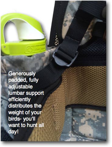 Generously padded, fully adjustable lumbar support efficiently distributes the weight of your birds - you'll want to hunt all day!