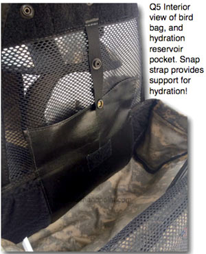 Q5 interior view of bird bag, and hydration reservoir pocket. Snap strap provides support for hydration