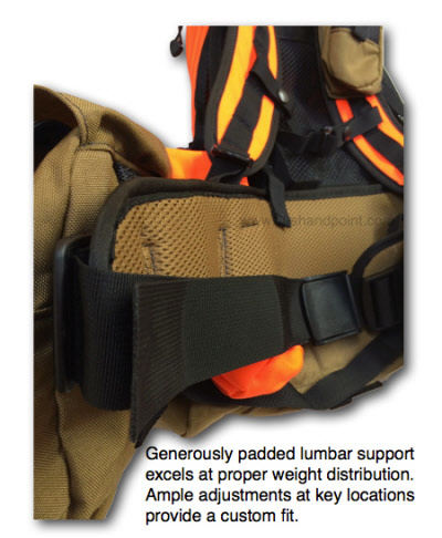The Arizona Quail Q5 Centerfire Upland Bird vest employs rugged lumbar and adjustment supports, with clips and adjustments in key locations for a custom fit. 