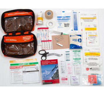 Pressure packs, sutures, bandages, medical tape, antiseptic, wound care and instructions